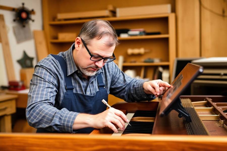 Piano technician repairing a piano action in the Ulricquero Co. workshop